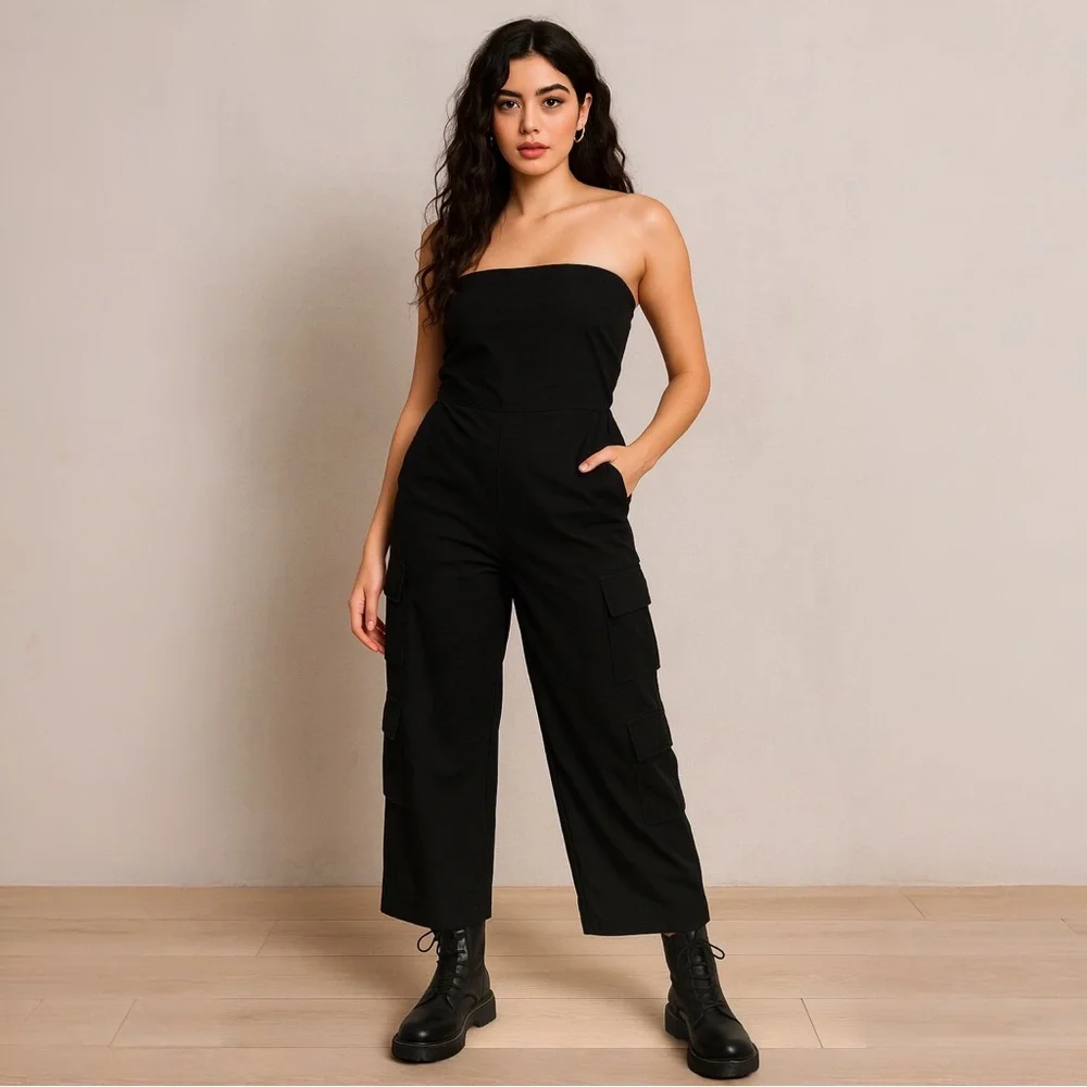 J for Justify Cargo Black Strapless Jumpsuit Women’s Size Large NWT Boho pockets - Picture 3 of 11